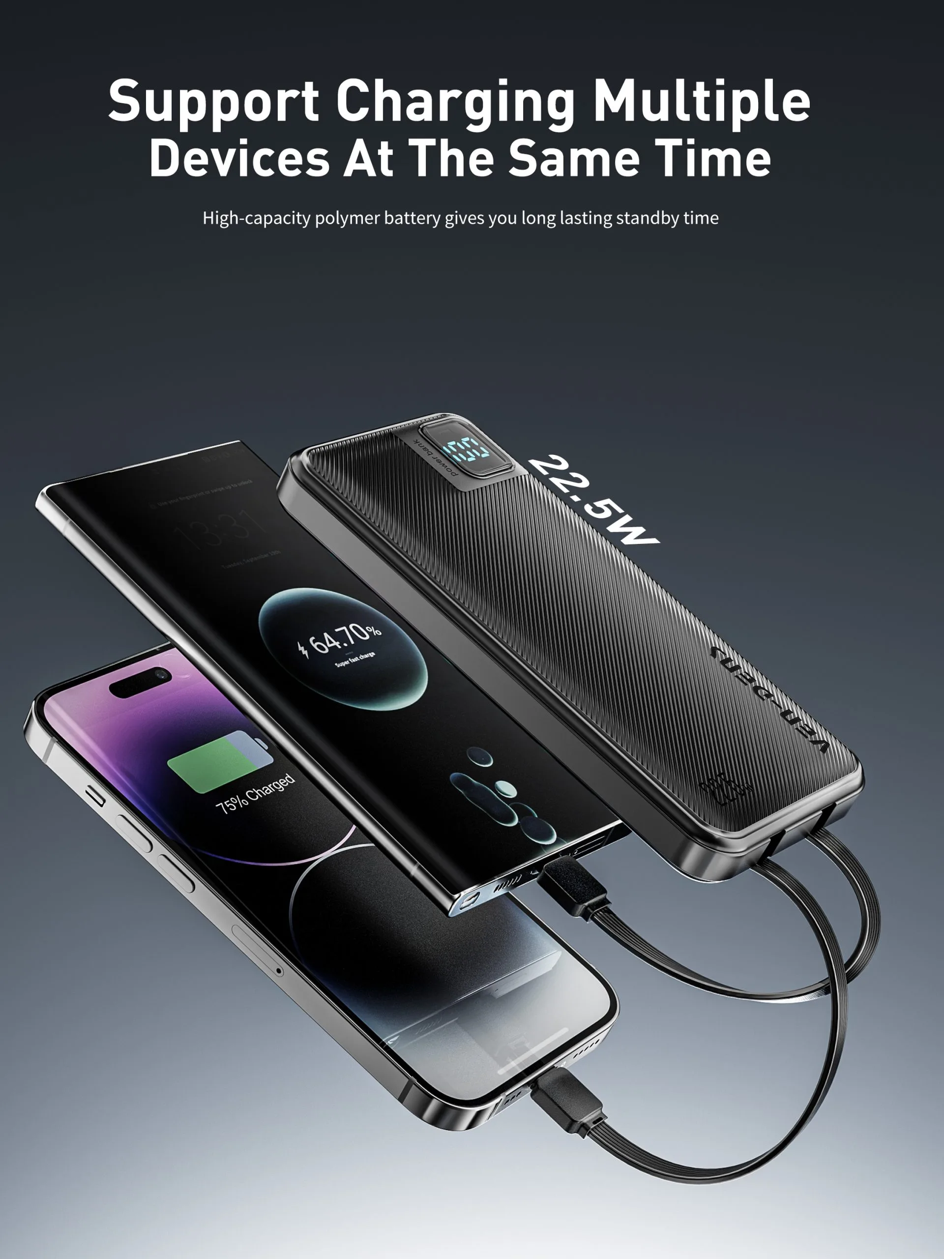 Ven Dens VD-PB061 Black 20000mAh 22.5W Power Bank with LED light with Built-In Cables - Image 6