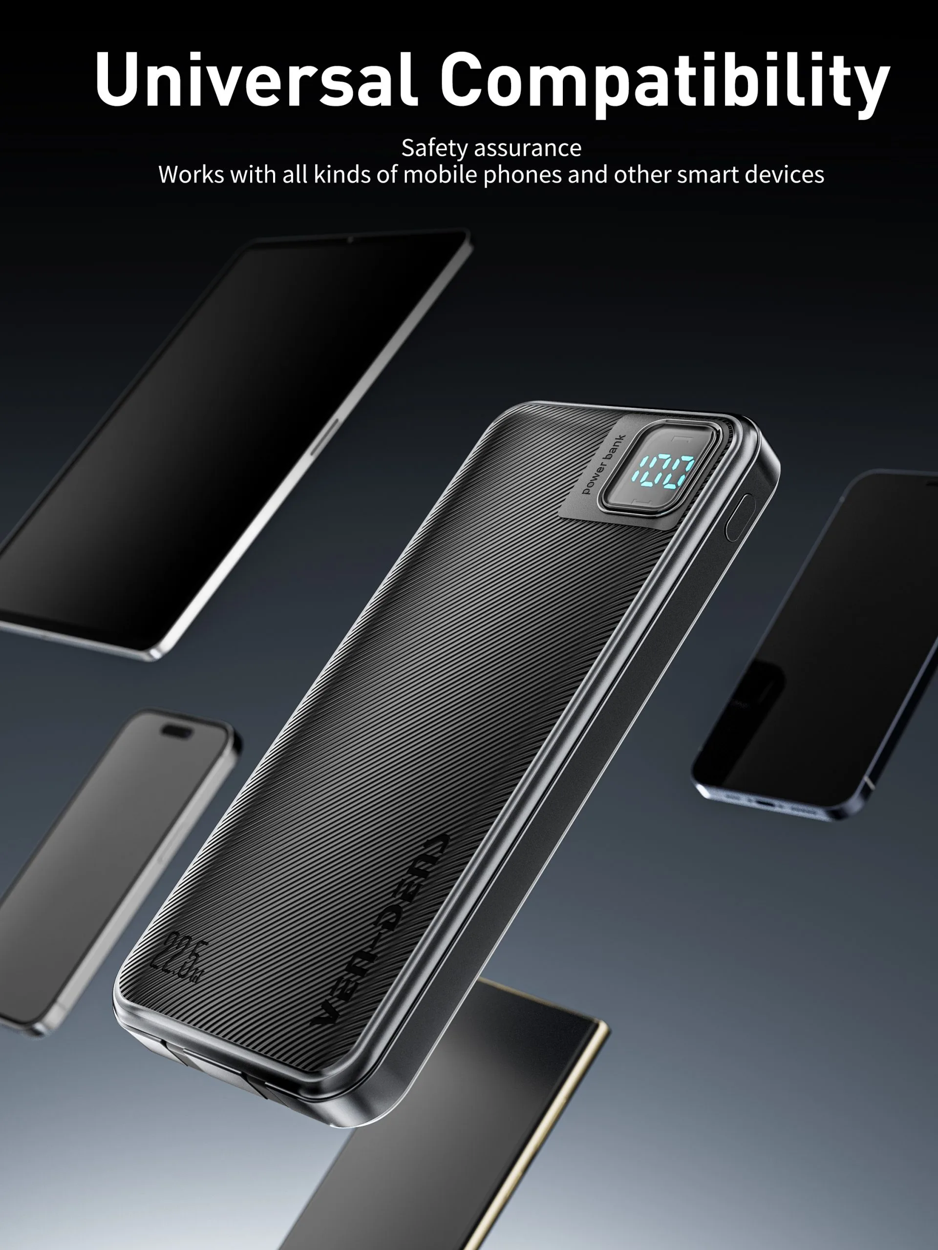 Ven Dens VD-PB061 Black 20000mAh 22.5W Power Bank with LED light with Built-In Cables - Image 5