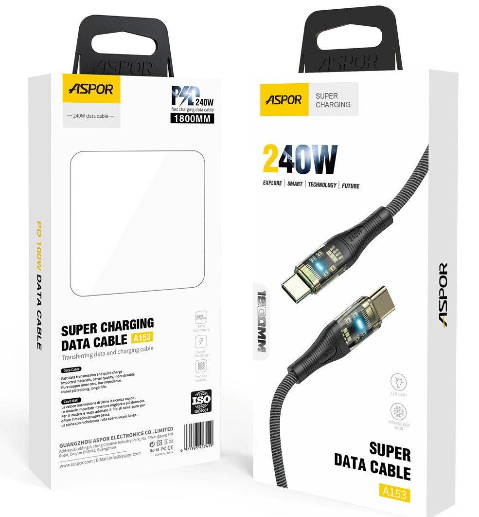 Aspor A153 240W LED Light Type-C to Type-C PD Fast Charging Cable – 1.8M - available in Pakistan at Metaware