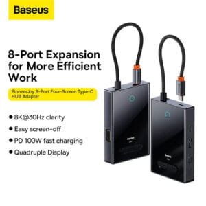 Baseus Focus Series 8-PORT Four-Screen Type-C Hub Adapter Gray（Type-C to HDMI4K@60Hz*1+HDMI4K@30Hz*1+DP8K@30Hz*1+VGA+USB3.0*2+Type-C（Data+PDout）*1+PD*1）WKYY030413 - available in Pakistan at Metaware