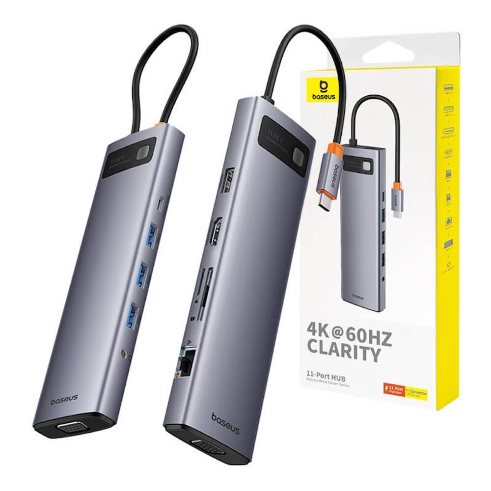 Baseus Metal Gleam Series 11-Port Hub Space Grey (Type-C to HDMI4K@60Hz*1+VGA*1+USB3.0*3+USB2.0*1+PD*1+RJ45*1+SD/TF*1+3.5mm*1) - available in Pakistan at Metaware