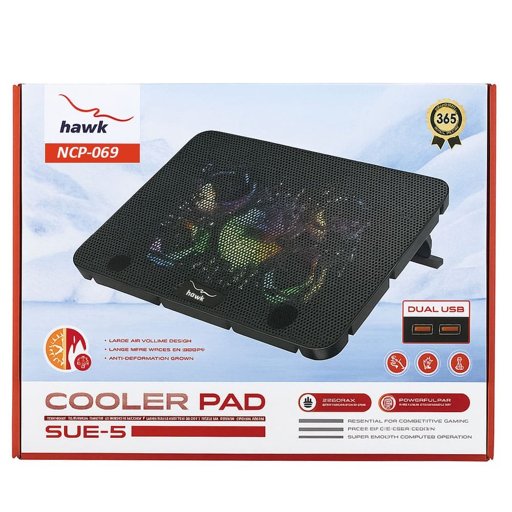 Hawk 069 laptop 5 Fan cooling Pad Ergonomic Cooling Pad with Adjustable Height (Black) - available in Pakistan at Metaware
