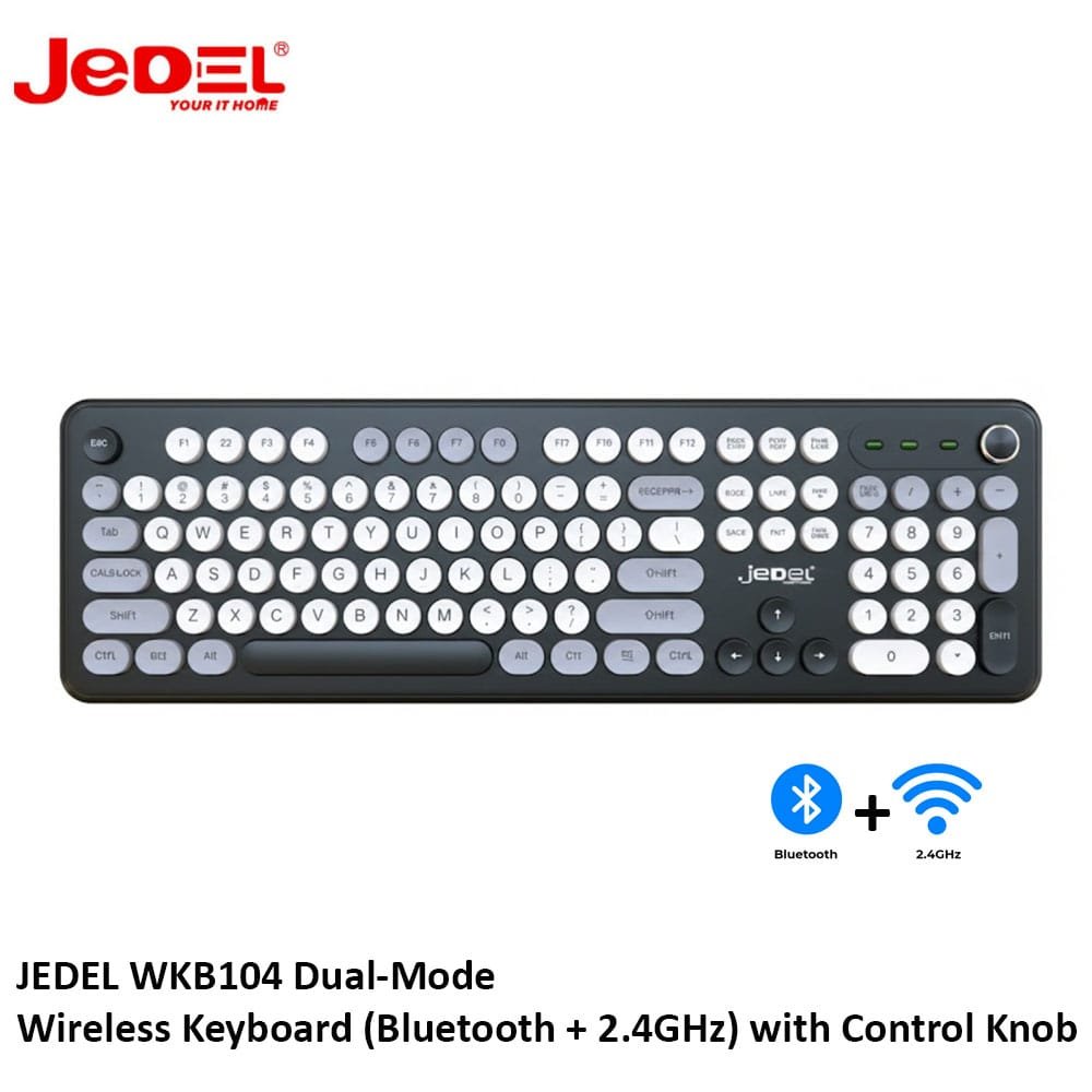 Jedel WKB104 Dual-Mode Wireless Keyboard (Bluetooth + 2.4GHz) with Control Knob - available in Pakistan at Metaware