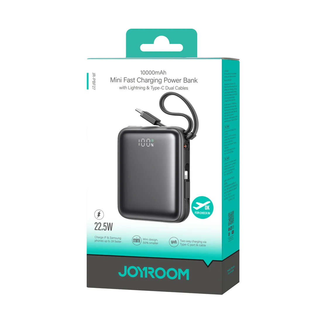 Joyroom JR-PBF27 10000mAh 22.5W mini Power Bank with Dual Cables Black - available in Pakistan at Metaware