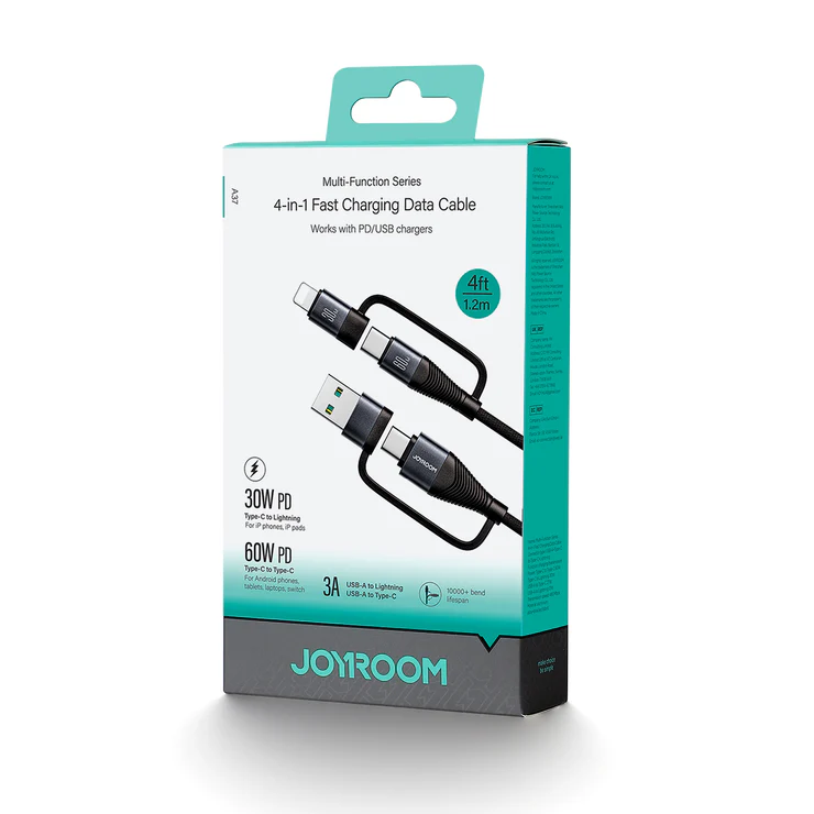 Joyroom SA37-2T2 Multi-Function Series 60W 4-IN-1 Fast Charging Data Cable (USB-A+Type-C to Lightning+Type-C) 1.2m-Black - available in Pakistan at Metaware