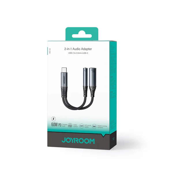 Joyroom SY-C02 Type-C to 3.5MM + Type-C Audio-Transfer Series 2-IN-1 Audio Adapter Black - available in Pakistan at Metaware
