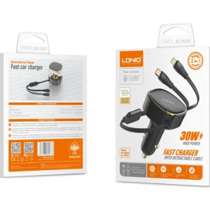 Ldnio C107 Fast Car Charger 30W Built-in Retractable Wired C + IP - available in Pakistan at Metaware