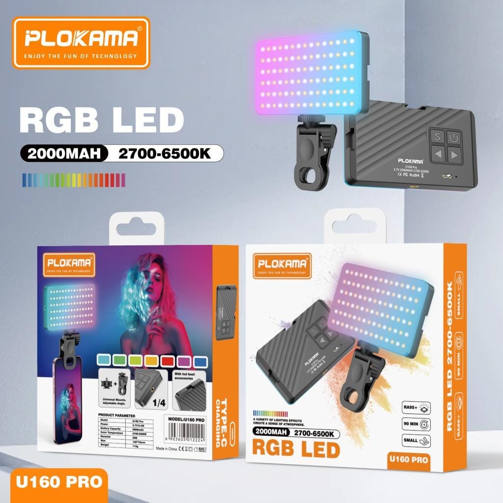 Plokama U160 Pro RGB Portable LED Fill Light (Rechargeable) 2700-6500K 2000mAh Battery - available in Pakistan at Metaware
