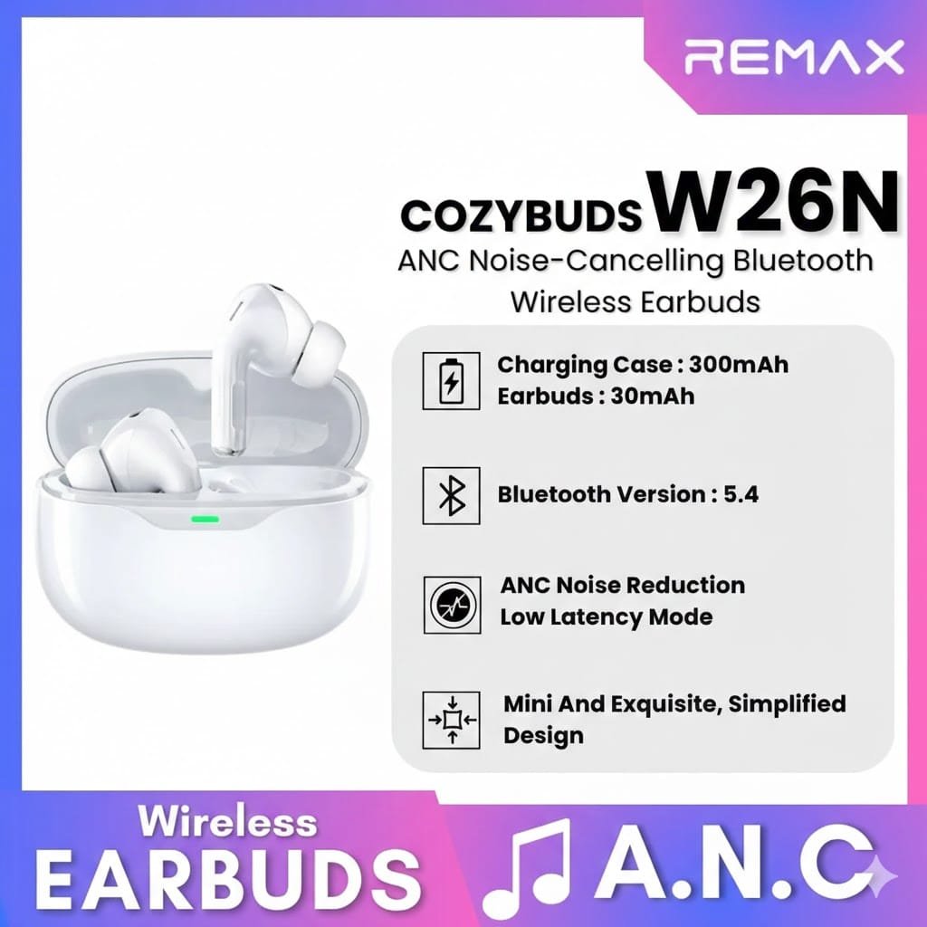 Remax CozyPods W26N ANC Noise Cancelling Stereo Wireless Earbuds - available in Pakistan at Metaware