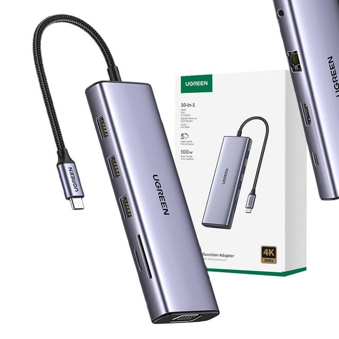 UGREEN CM498 10-IN-1 Adapter USB Hub to 3X USB-A 3.0, HDMI, VGA, RJ45, Sd/tf, PD Converter 15601 - available in Pakistan at Metaware