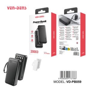 Ven Dens VD-PB059 Black 20000mAh 2.4A Power Bank with LED light with with Built-In Cables - available in Pakistan at Metaware