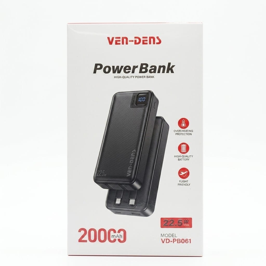 Ven Dens VD-PB061 Black 20000mAh 22.5W Power Bank with LED light with Built-In Cables - available in Pakistan at Metaware