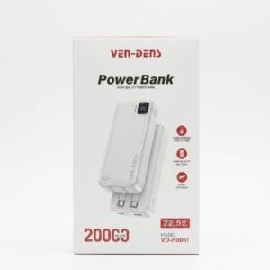 Ven Dens VD-PB061 White 20000mAh 22.5W Power Bank with LED light with Built-In Cables - available in Pakistan at Metaware