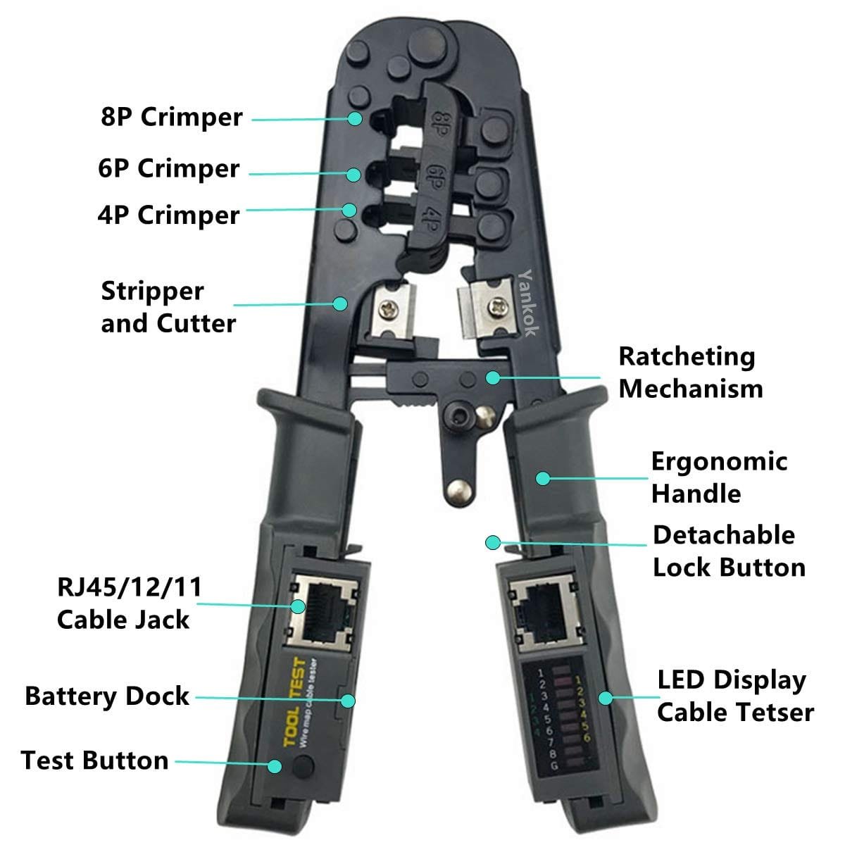 468ST Modular RJ45 RJ12 RJ11 Network Cable Crimper with Cable Tester